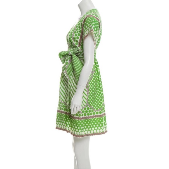 Tibi Green Print Silk Short Sleeve V-Neck Wrap Dress - Picture 2 of 8